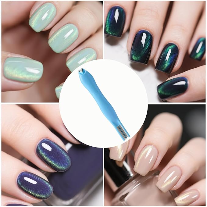 3 in 1 Cat Eye Nail Magnet, Multifunctional Magnet Nails Art Design Tools, Cat Eye Gel Polish Magnetic Pen Line & Heart Shaped Round Accessories for Home DIY Salon Studio (Blue)