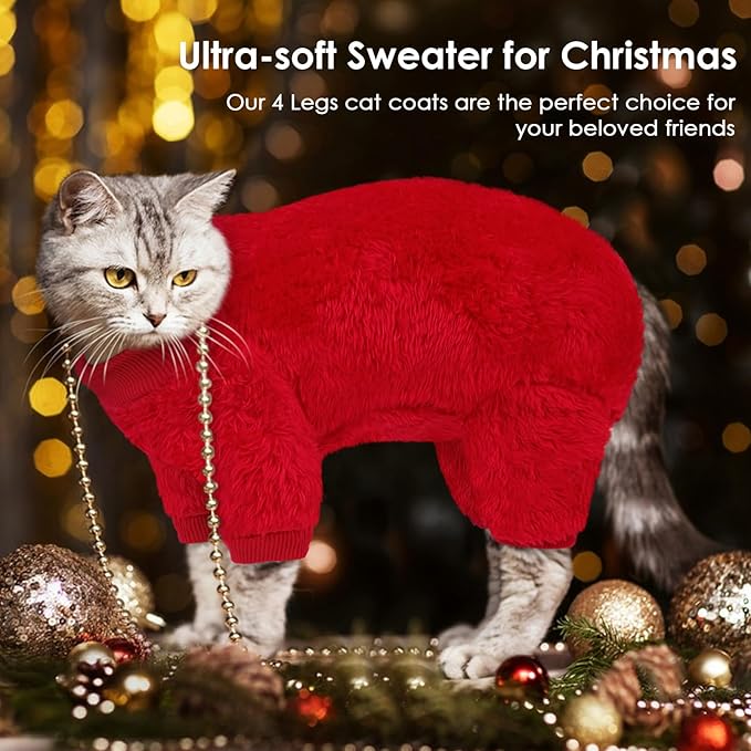 Sphynx Hairless Cat Sweater, Full Body Warm Fleece Sweaters with Sleeves for Cats, Soft Turtleneck Cat Clothes, Cozy Pullover Pajamas for Hairless Cats Devon, Donskoy & Small Dogs, Red L