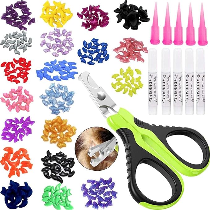 VICTHY 100pcs Cat Nail Caps with Clipper Set, Cat Nail Clipper + Nail Covers with Adhesive and Applicators Size Extra Small (5 COLORS)