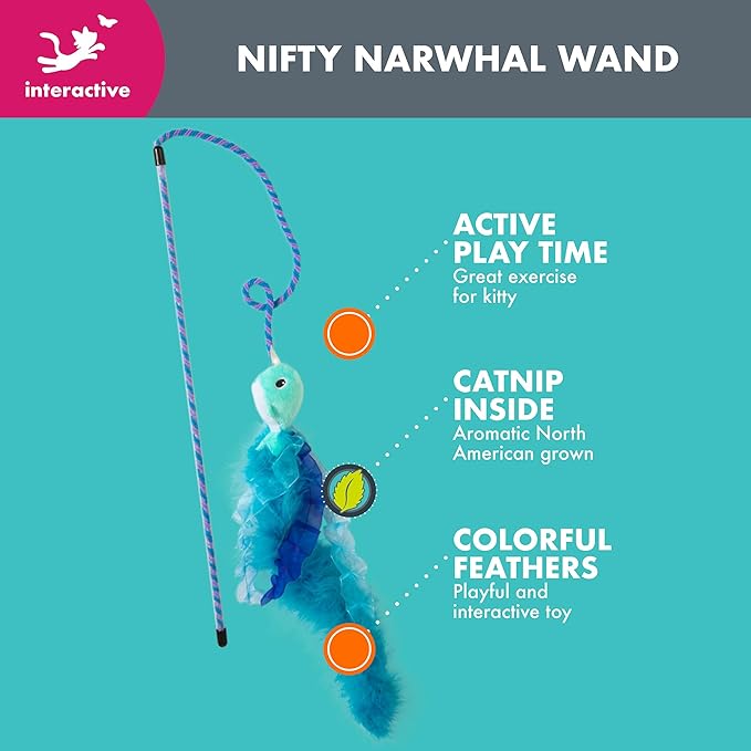 Nifty Narwhal Feather Cat Wand Toy, String Toy, Interactive Cat Toys with Catnip, Enrichment for Indoor Cats and Kittens