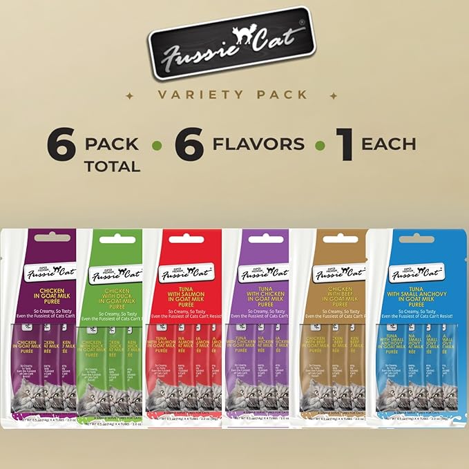 Fussie Cat Super Premium Cat Treats in Goat Milk Puree, lickable cat Treats,6 Packs of 4-0.5oz Tubes, Variety Flavor Pack of 6 Flavors + Freeding Spoon