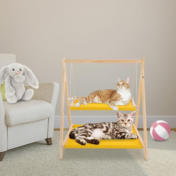 TFCFL Double Decker Cat Hammock Bed, Pine Wood & Cotton Cloth Cat Bunk Bed with Hanging Ropes, Elevated Cat Bed for Multiple Cats, Space Saving Cat Furniture for Indoor Cats (Yellow)