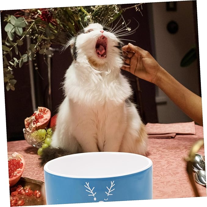 GALPADA Christmas Ceramic Cat Bowl and Pet Food Dish, Blue Reindeer Design, Sturdy Ceramic Material, Suitable for Cat Feeding and Watering, Holiday Themed Pet Supply for Indoor Use