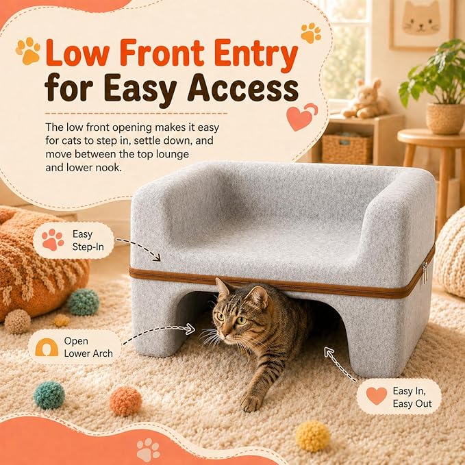 Cat Bed for Indoor Cats, 2-Tier Cat Cave Bed with Top Lounge & Lower Hideaway, Washable PET Felt Cat Sofa for Living Room, Bedroom, Apartment, Scratch-Friendly Cat Furniture, Light Gray