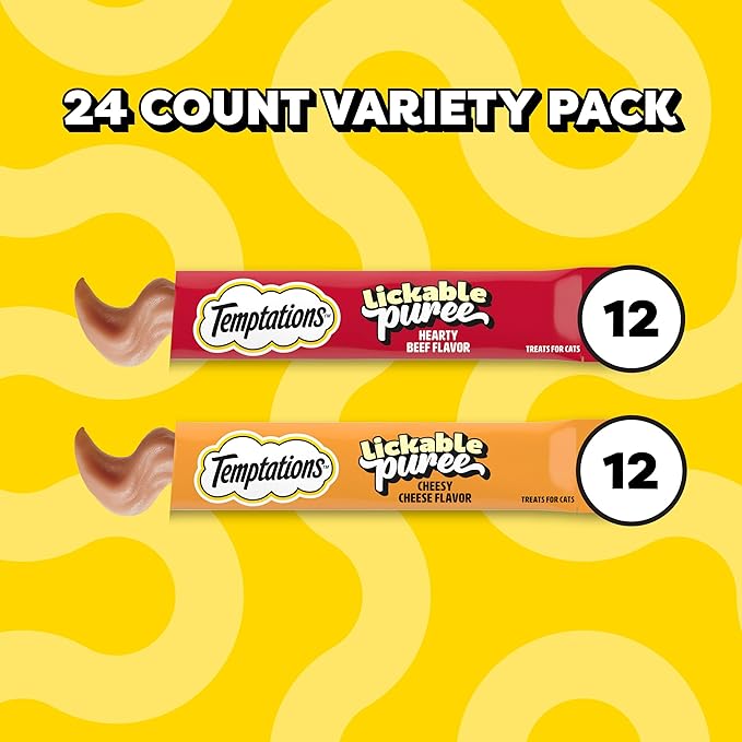 Temptations Creamy Puree Squeezable Lickable Cat Treats, Wet Cat Treats with Beef Liver and Cheese Variety Pack, 0.42 oz. Tubes, 24 Count
