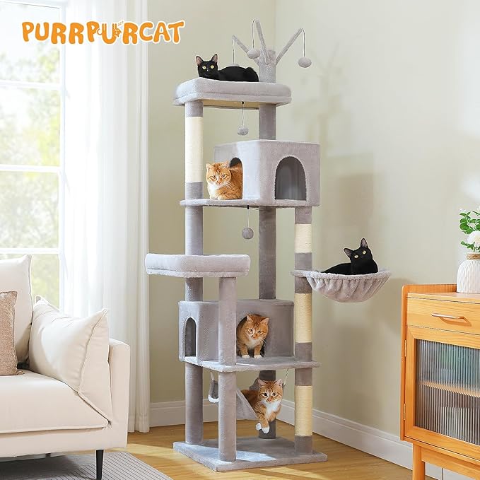 74.8" Extra Tall Cat Tree with Anti-Toppling Kit, Stable Multi-Level Cat Tower with Dual Condos, Sisal Scratching Posts & Deep Hammock, Large Cat Furniture for Multi-Cat Household, Grey