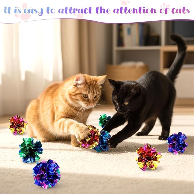SHENLIU 2.36" Crinkle Balls for Cats, 100 Pcs Colorful Cat Toys Crinkle Ball Interactive Foil Cat Toy Balls for Indoor Kittens to Keep Fit Active