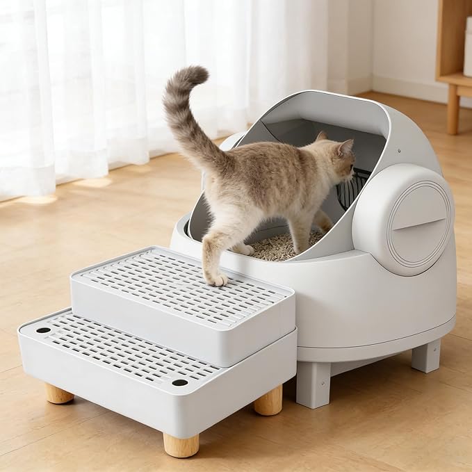 Adjustable 2 Steps Litter Box Ramp, Cat Litter Catcher Mat with Wooden Feet, Filter Function, Litter Box Step for Small & Elderly Cats, Fits Automatic Litter Boxes (Light Grey)