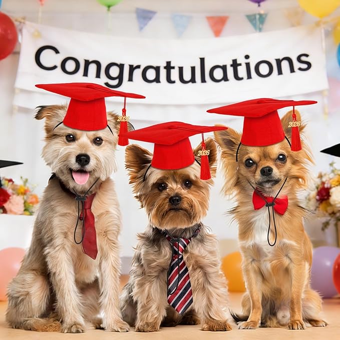 JULMELON Pet Graduation Caps with 2026 Red Tassels, Dog and Cats Graduation Red Hats Adjustable Mini Graduation Caps for AKC Graduation Photo Props Holiday Costume Accessories