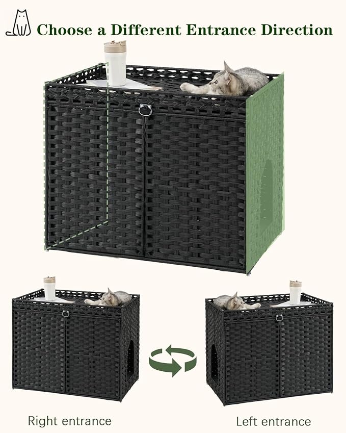 SETVSON Cat Litter Box Enclosure Furniture, Hidden Litter Box, Cat Litter Box Cabinet with 2 Litter Mats, Handwoven Rattan Large Space Cat House, Indoor for Living Room, Bedroom, Apartment Black
