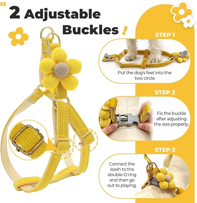 PETCARE Cute Flower Dog Harness and Bowtie Leash Set Easy Walk Puppy Dog Halter Harness for Small Dogs Girl Step in Dogs Harnesses with Buckle (Yellow, Chest Adjustable 9"-14", Rope Width 0.39")