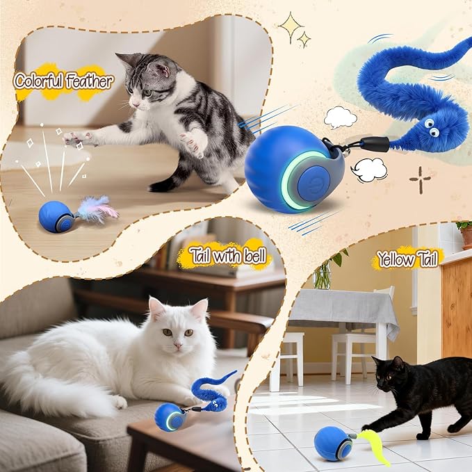 2PCS Interactive Cat Toys Ball,Newly Upgraded Speedy Tail Cat Toy with USB Charging,Automatic Smart Interactive Cat Toys for Indoor Cats with 6 Tails-Blue&Red