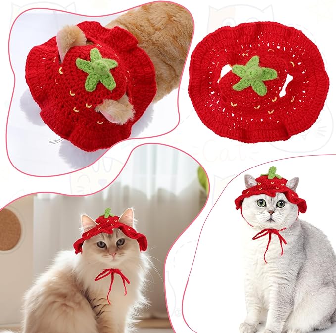 Piriuuo Strawberry Cat Hat, Cotton & Soft Cute Knitted Hats for Cats Birthday Party Christmas Puppy Hat for Small Pets (Red, M)