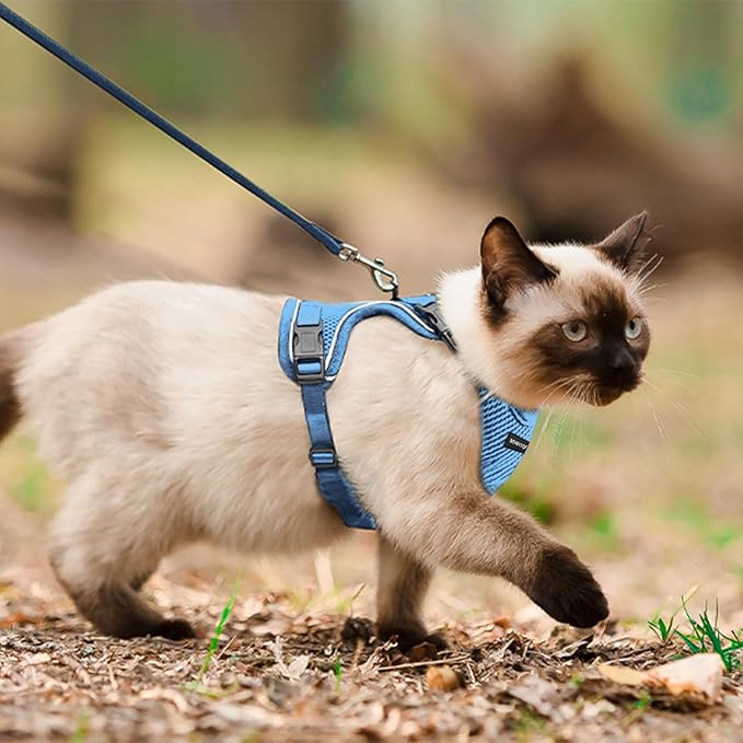 Cat Harness, Cat Car Harness and Leash for Walking, Escape Proof Soft Adjustable Vest Harnesses for Cats, Easy Control Breathable Reflective Strips Harness, Kitten Harness and Leash Set, Blue, M