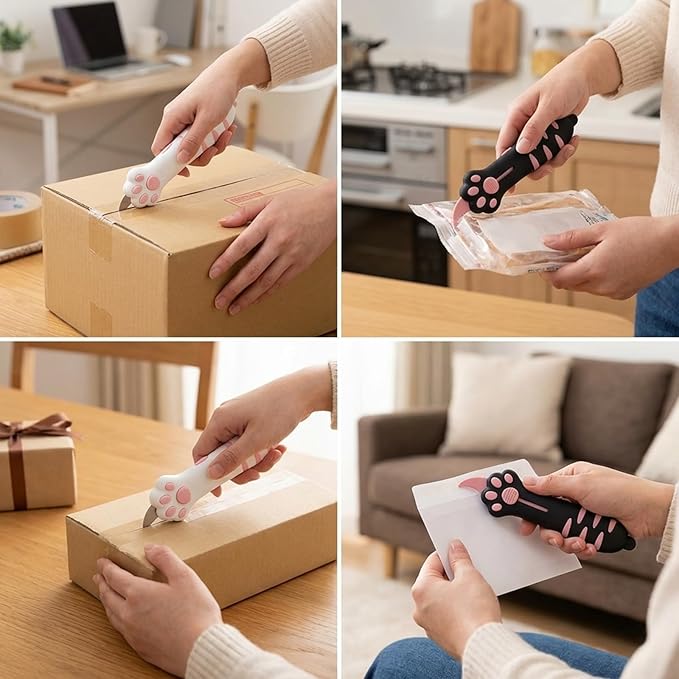 Pink and Black Two-Pack,Cat Paw Box Cutter, Retractable Cat Claw Box Cutter, Stainless Steel Blade for Package Opening