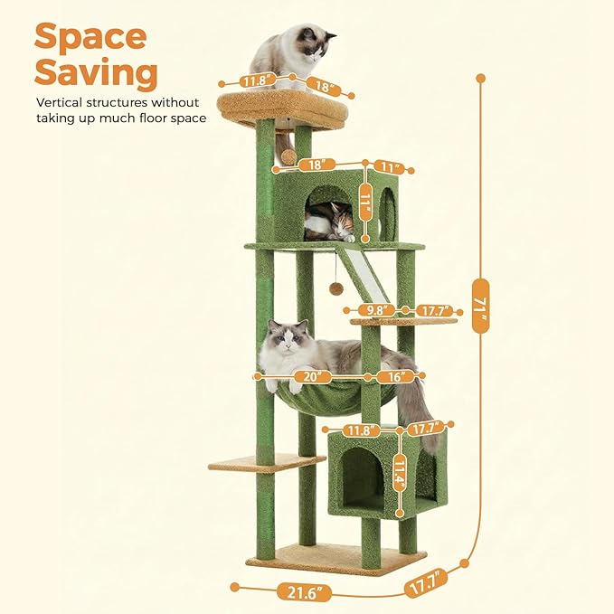 MUTTROS 71” Cactus Cat Tree for Large Cats, Extra Stable Tall Cat Tower with Oversized Hammock, 2 Condos, Sisal Scratching Posts, Vertical Multi-Level Cat Tree for Indoor Multi-Cat Homes