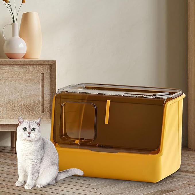 Hooded Cat Litter Box Enclosed Covered Toilet Container Sturdy Deep Pan Portable Pet Supplies Kitten Potty- Yellow
