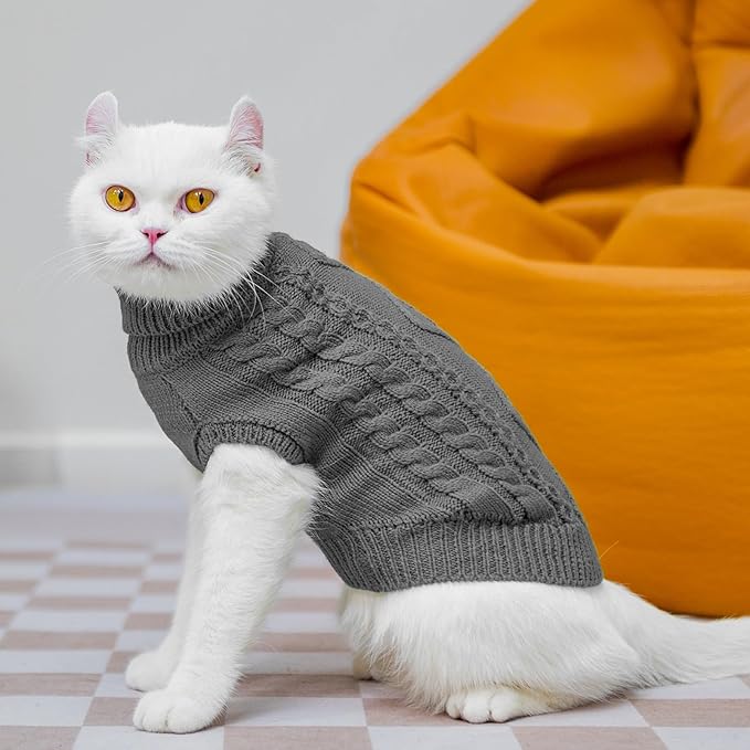 PUPTECK Winter Cat Sweater Coat - Soft Warm Cold Weather Clothes Knitwear for Kittens & Small Dogs Indoor Outdoor Wearing, Knitted Classic for Doggies Kitties Girls Boys, Grey, L