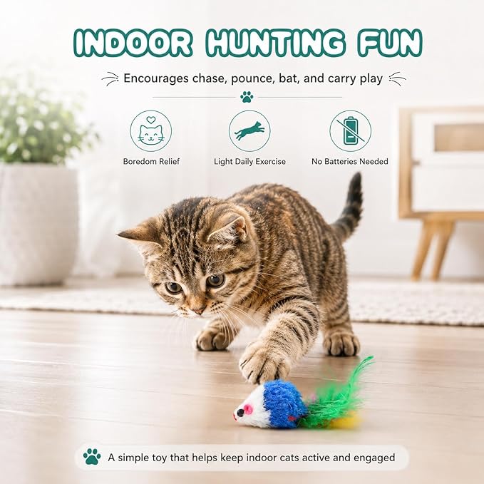 FYNIGO Cat Mouse Toys 17 Pack, Interactive Cat Toys for Indoor Cats, Catnip-Scented Plush Mice with Feather Tails & Rattle Sound, Kitten Toys for Entertainment, Exercise & Hunting Play