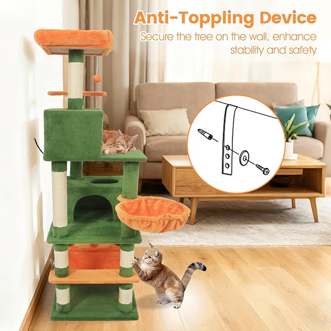 Tangkula 66 Inch Tall Cat Tree, Multi-Level Cat Tower with Sisal Scratching Posts, 2 Condos, Plush Perch, Hammock, Basket, Dangling Toys, Cat Climbing Furniture for Indoor Cats (Green+Orange)