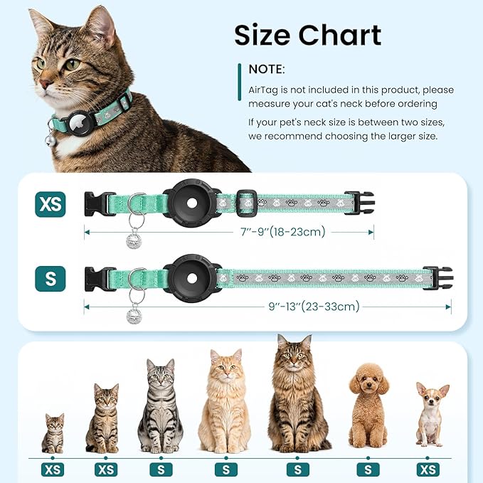 Reflective AirTag Cat Collar, Integrated Cat Tracker Collar with Air Tag Holder and Bell, Safety Elastic Band Cat GPS Collars for Girl Boy Cats, Kittens and Puppies (Green,S)