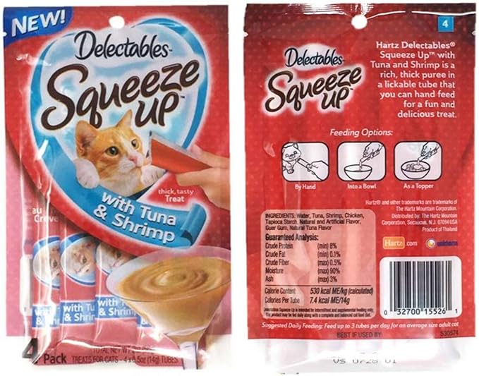 Delectables Squeeze Up Hartz Cat Treats Bundle of 3 Flavor Pouches, 2.0 oz Each (Tuna & Shrimp)
