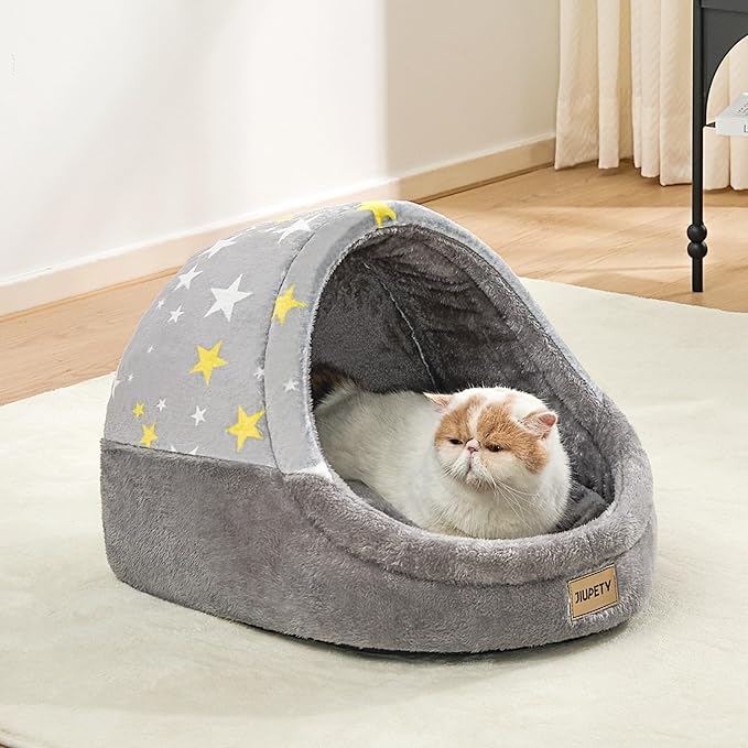 Jiupety Cute Cat Beds for Indoor Cats, Cat Cave Bed for Kittens, Large Cat Cave and Covered Cat Bed with Anti-Slip Bottom, Washable Removable Cushion, M(16"x16"x13"), Gray Star