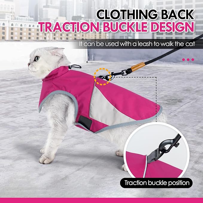 ETIAL Reflective Cat Winter Jacket, Adjustable Cold Weather Cat Clothes Outfit Apparel with Traction Buckle, Windproof Waterproof Warm Cat Vest for Walking Hiking (Pink,S)