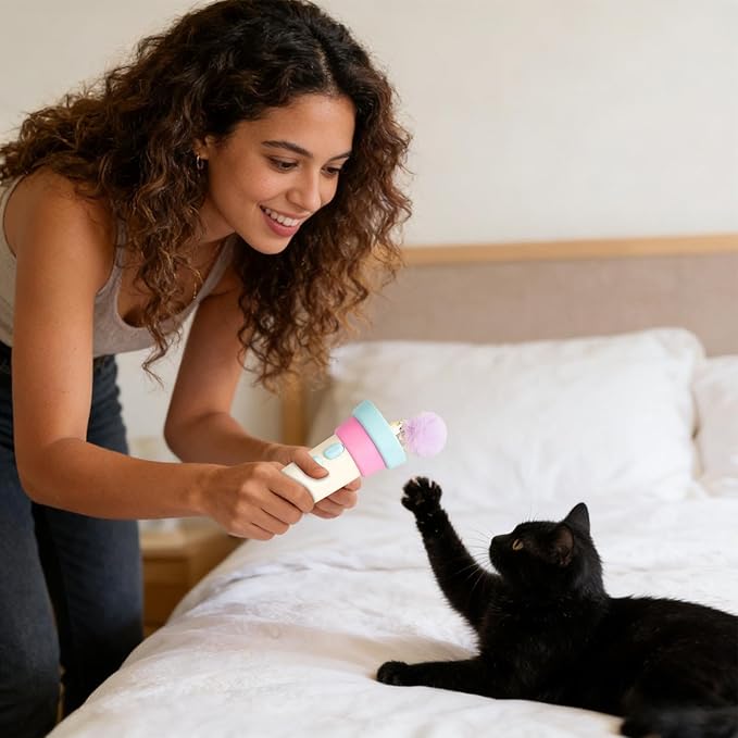 Electric Cat Wand Toy with Telescopic Rope, Cat Teaser Game Interactive Cats Toys Fuzzy Ball Launchers Funny Enrichment Toys for Bored Indoor Pets