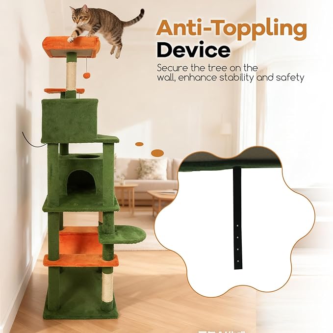 DORTALA 75" Tall Modern Cat Tree, Multi-Level Cat Tower with Large Condos, Sisal Scratching Posts, Top Perch, Hammock, Dangling Balls, Kitten Beds & Climbing Furniture for Indoor Cats (Green & Orange)