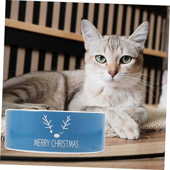 VILLCASE Christmas Ceramic Cat Bowl and Dog Feeding Dish with Snowman and Reindeer Pattern, Blue Porcelain Pet Food Bowl for Floor Feeding and Watering, Holiday Pet Supplies