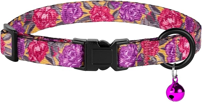 2 Pack Cat Collars with Bell - Breakaway Soft Collar for Girl & Boy Cats, Adjustable Safety Cute Kitten Collars – Comfortable Stylish Patterned Print Design Lightweight (Colorful + Flowers)
