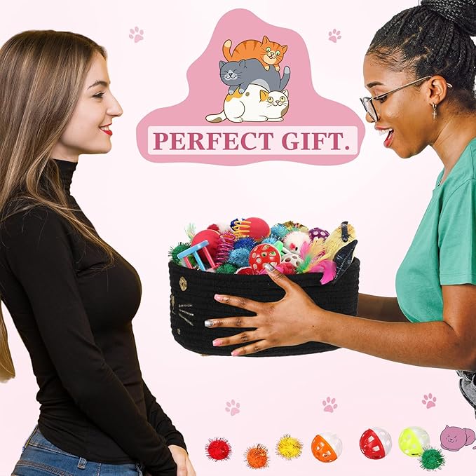 Zopeal 58 Pcs Summer Graduation Cat Storage Basket Gift Toys Set, Colorful Flashing Balls Pet Bell Crinkle Balls Spring Toys Attract Cat to Swat, Hunt, Interactive for Pet(Black,9.8 Inch)