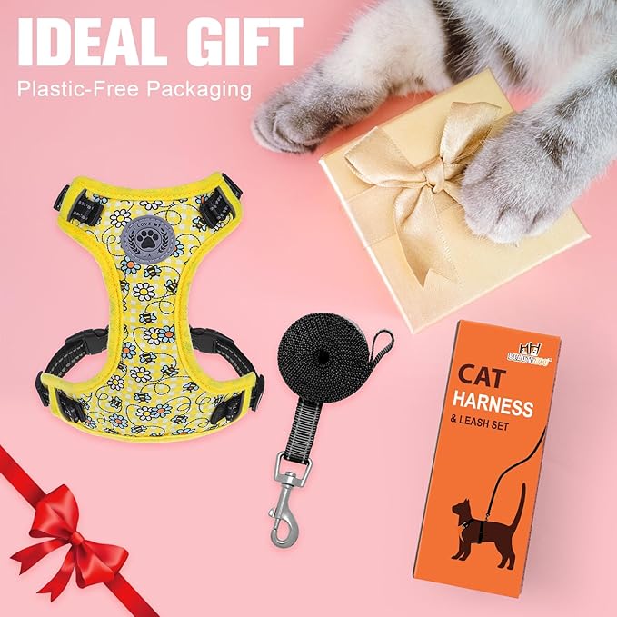 BEAUTYZOO Cat Harness, Escape Proof Cat Leash and Harness Set for Walking, Soft Breathable Vest Harness with Safety Neck Adjustable, Reflective Easy-Control Kitten Harness for Cats (Bee Design)