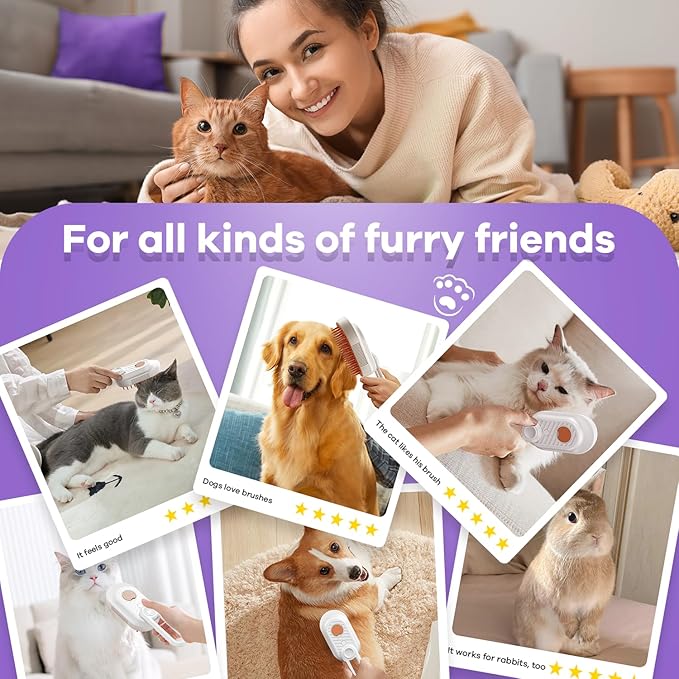 Cat Steam Brush for Shedding, 4 in 1 Cat Steamy Brushs Cleanser with Foldable Handle, Pet Spa Brush for Cats, Spritz Defur Comb for Pets, Steam Brushs for Cats (purple)