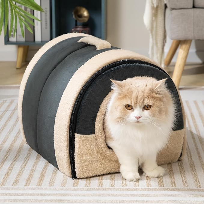 Hollypet Cat Bed Self-Warming 2 in 1 Foldable Kitty Cave Hut House Nest Pet Sleeping Bed, Crystal Velvet Pet Condo for Indoor Cats, Dark Gray Arched Cave