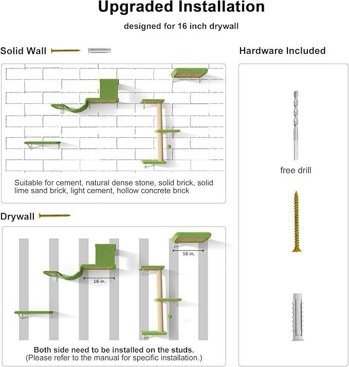 FUKUMARU Cat Wall Shelves, Stable & Safe 5 in 1 Cat Walls Furniture Set, Wooden Kitten Climbing Wall with Scratching Post for 16 Inch Drywall - Green