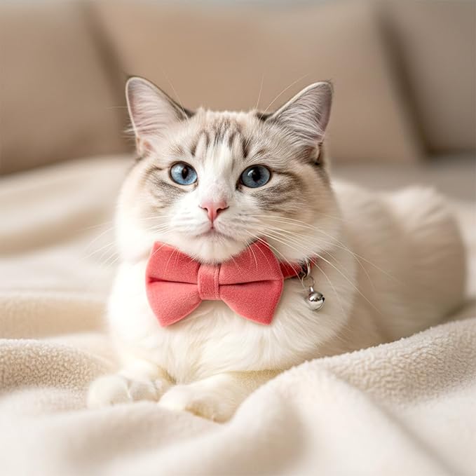 Trinkrittey 2 Pcs Solid Color Velvet Cat Collar with Bell and Removable Bowtie, Adjustable Breakaway Cat Collars Cute Cats Bow Tie Collar for Pet Wedding Party Halloween, Rose Red and Red