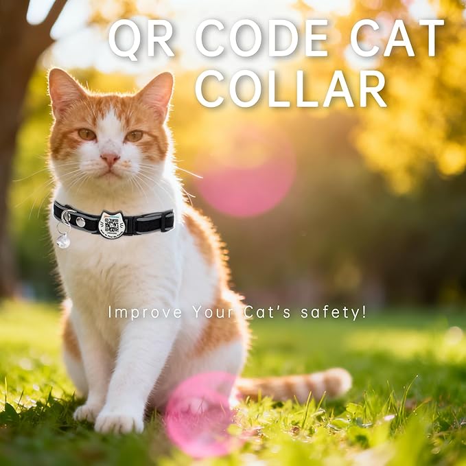 Cat Collar with Bells Reflective Cat Collars Breakaway with Oxford Cloth Soft Padding Adjustable Kitten Collar with QR Code(Black)