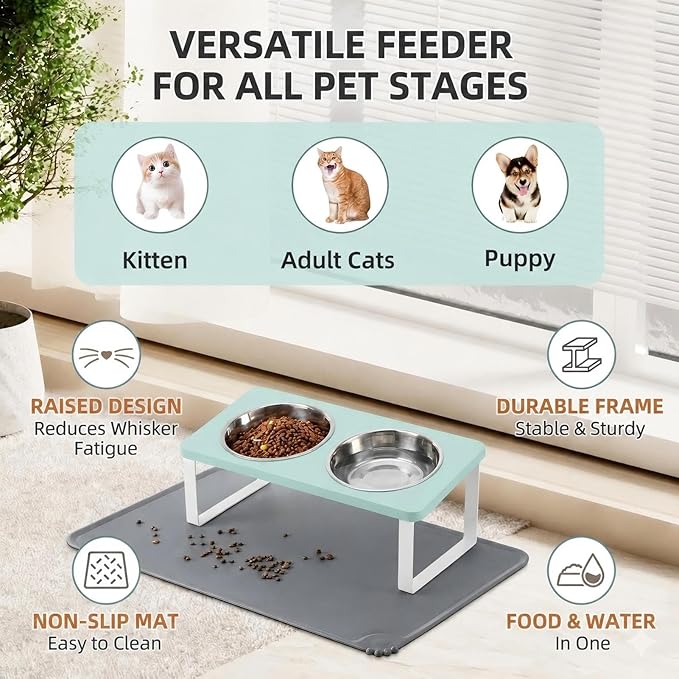 Upgraded Elevated Cat Bowls with Food Mat,15°Tilted Stand Anti Vomiting Raised Cat Dishes for Food and Water,2 Stainless Steel Bowls for Cats and Puppy(Teal)