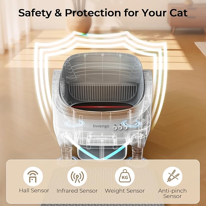 Invengo Automatic Cat Litter Box Self Cleaning, App Control, Open-Top Automatic Litter Box with Safety Sensors, Ultra-Quiet, 10.5L Waste Bin with Odor Control, 2 Rolls of Garbage Bags, LightGrey