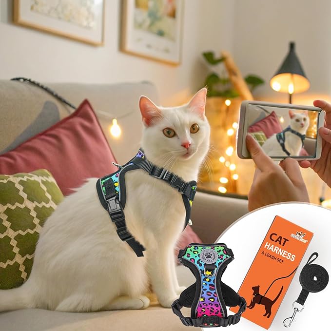BEAUTYZOO Cat Harness and Leash for Walking, Escape Proof Soft Adjustable Vest Harnesses for Small Cats Kittens, Easy Control Breathable Reflective Strips Jacket, Leopard, S