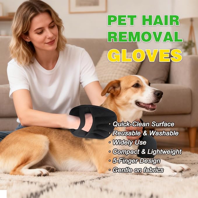 Pet Hair Removal Glove for Cats and Dogs,2Pcs Upgraded Five-Finger Design, Reusable Electrostatic Magic Brush Tool for Laundry, Couch, Carpet, Car Seat