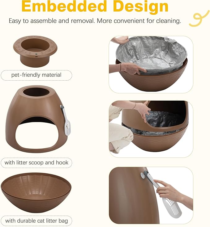 Eggloa6 Hidden Cat Litter Box with Artificial Plants & Odor Removal System, Egg-Shaped Enclosure Includes Scoop &3PCS Liners Secret, Discreet Furniture, DIY Assembly Cat Litter Box Cabinet (Brown)