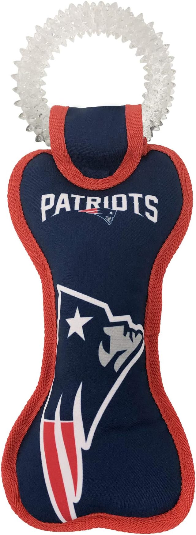 Pets First NFL New England Patriots Dental Dog TUG Toy with Squeaker. Tough PET Toy for Healthy Fun, Teething & Cleaning Pet's Teeth & Gum.