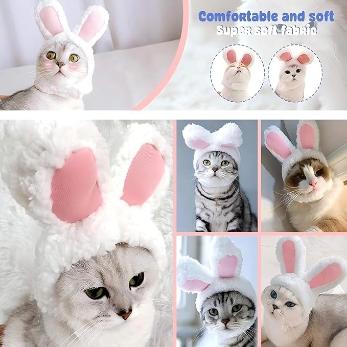 Rabbit Ears Hat for Cats & Small Dogs - Adjustable Plush Bunny Costume Headband for Easter, Halloween & Pet Party Dress Up (White)