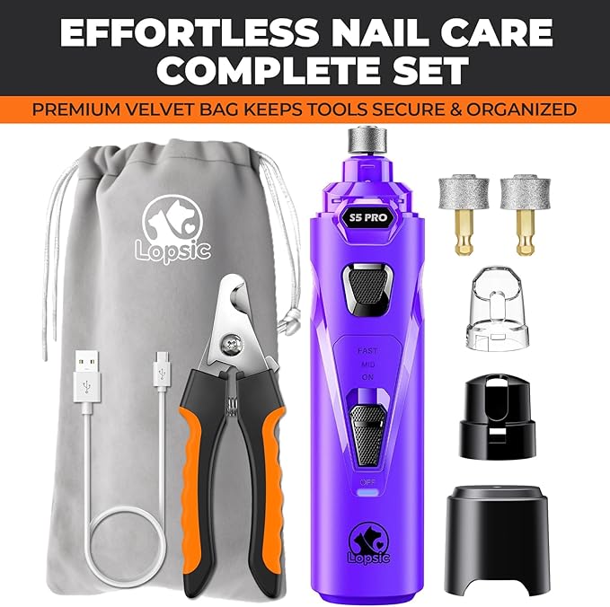Whisper Quiet Dog Nail Grinder with 4 LED Lights, Safe & Stress-Free for Sensitive Dogs of All Breeds & Sizes, 3 Grinding Bits, 3-Speed, Pet Nail Trimmers, Rechargeable Painless Grooming Kit Purple