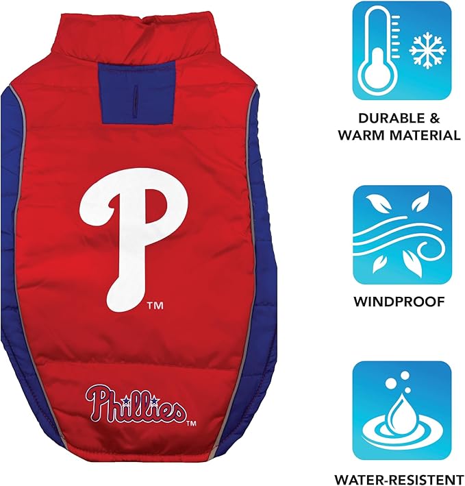 MLB Philadelphia Phillies Puffer Vest for Dogs & Cats, Size Large. Warm, Cozy, & Waterproof Dog Coat, for Small & Large Dogs/Cats. Best MLB Licensed PET Warming Sports Jacket