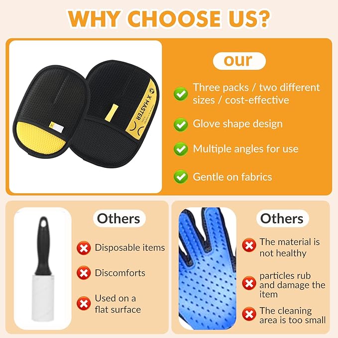Wortade 3Pcs Pet Hair Removal Glove for Cats & Dogs, Efficient Grooming Gloves for Pet Hair, Cat Grooming Gloves for Hair Removal, Magic Pet Grooming Glove for Couch, Furniture, Carpet, Curtain 2L1S