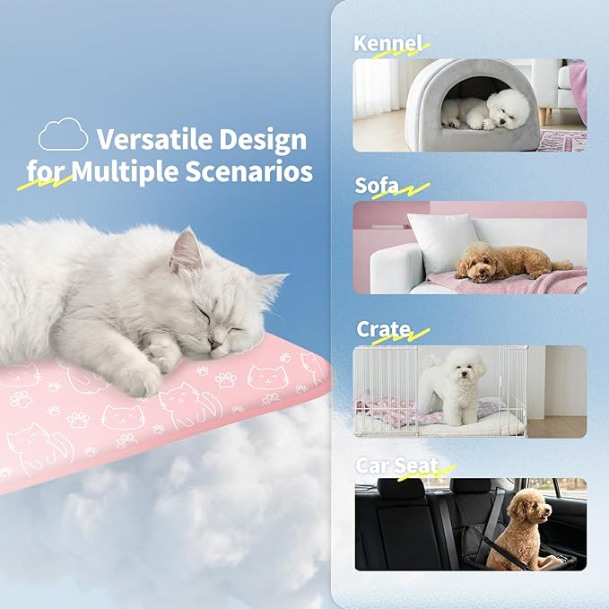 NWK Pack of 4 Pet Cooling Mat -Q-Max>0.345 Ice Silk Cooling Mat for Dogs & Cats Portable & Washable Pet Cooling Blanket, Car Seats, Beds for Summer (4pcs, Pink Cat, 20'' X 16'' X 0.3'')